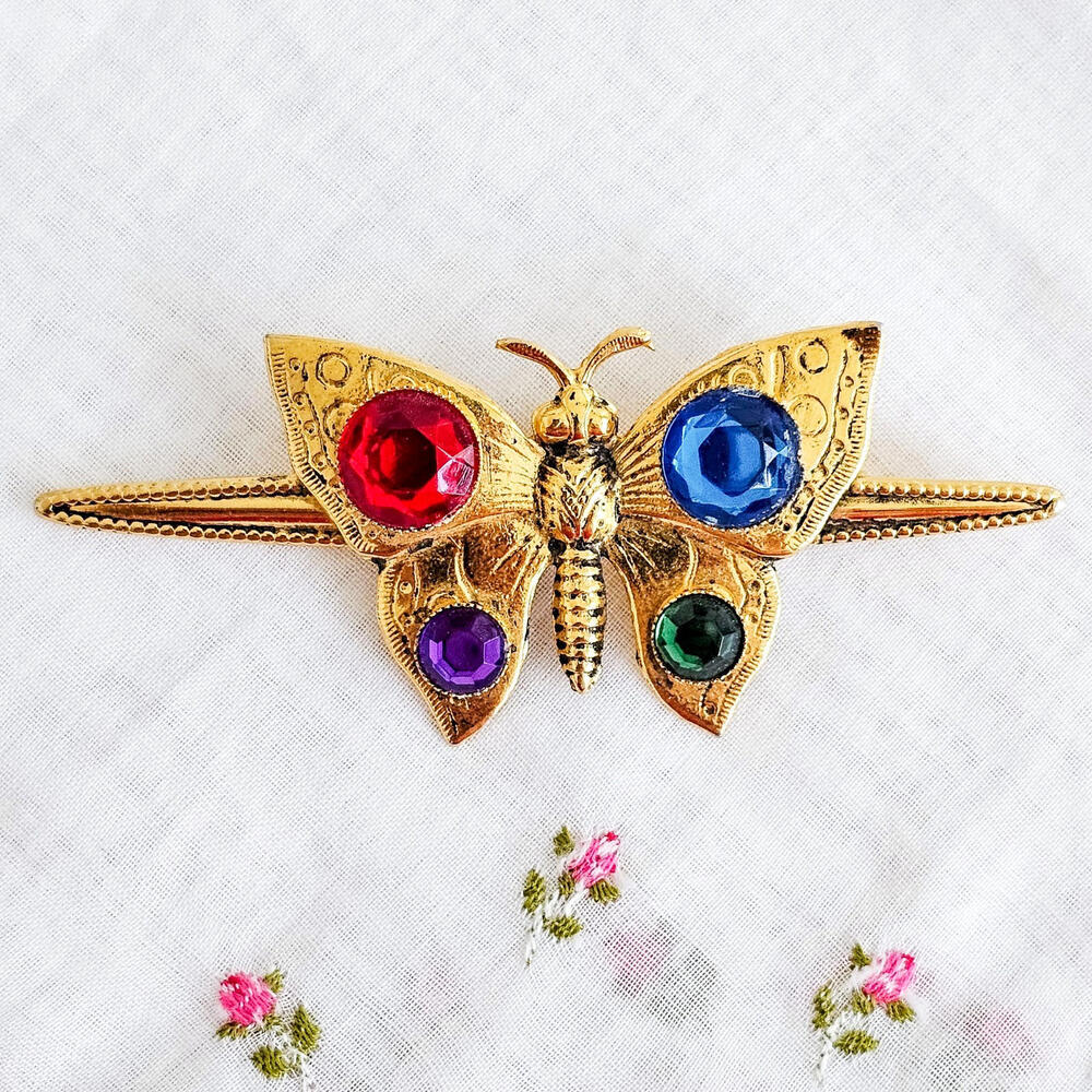 Vintage Large Gold Tone Multi Color Rhinestone Butterfly Brooch